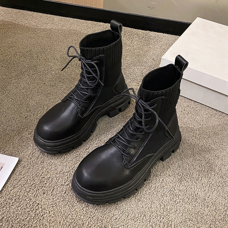 British Style Round Head Lace-up Knitted Mouth Casual Martin Boots Women - EnigmaParis
