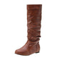 Women's High Cylinder Flat Boots - Round Toe Slip-on Slimming Footwear.