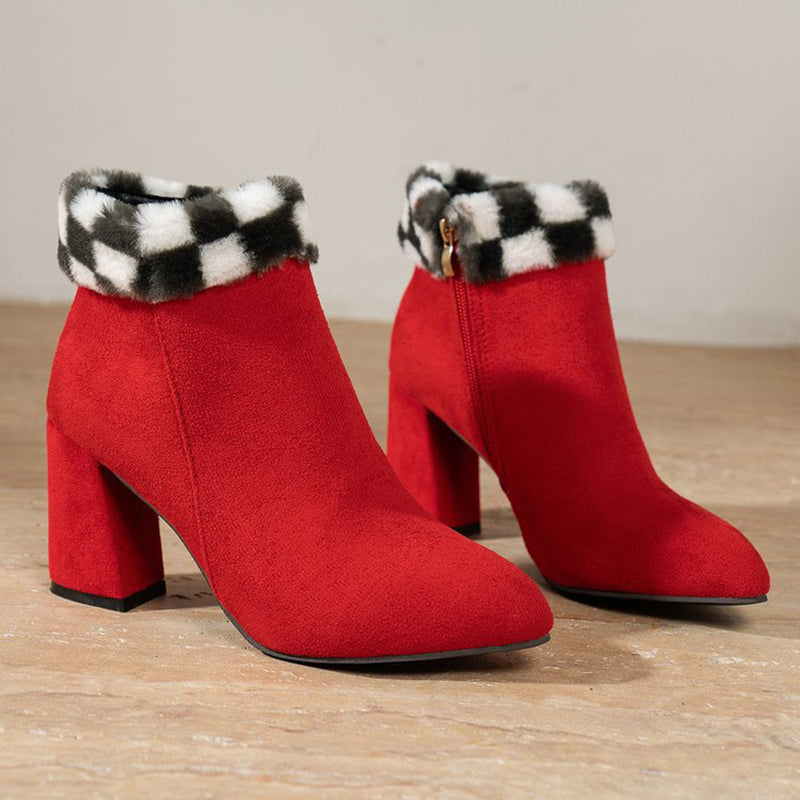 New Plaid Print Plush Ankle Boots Winter Fashoin Square Heel Suede Boots Women Casual Versatile Shoes Autumn And Winter - EnigmaParis