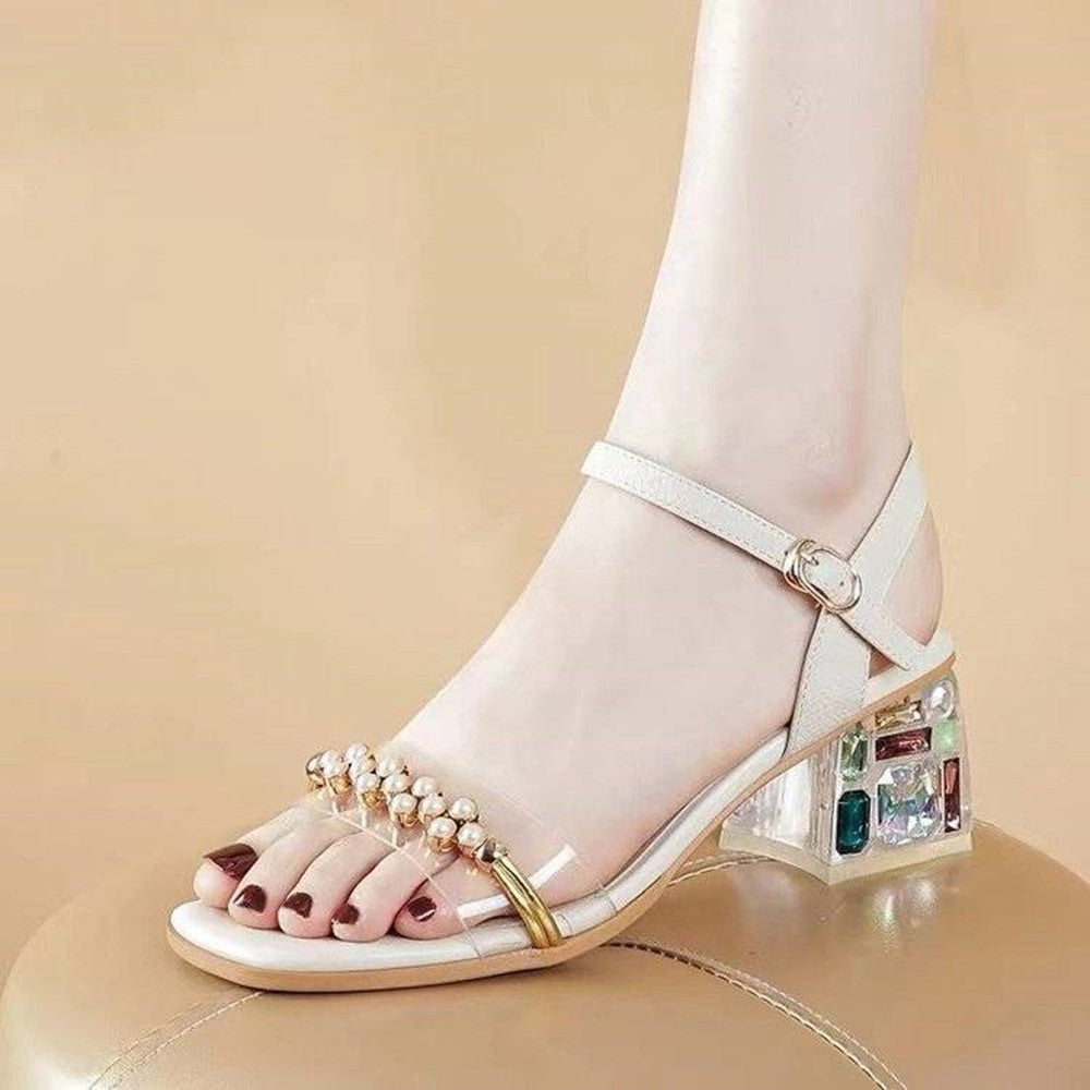 Women's Thick Heel Square Toe Leather Toe Mid Heel Sandals