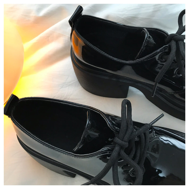 Thick High Heels With Lace Up Small Leather Shoes, Women's British Style Black Versatile High Rise Single Shoes - EnigmaParis